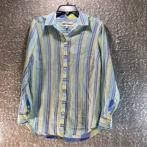 Foxcroft Womens Size 4 Relaxed Shirt Long Sleeve Button Up Striped Linen.